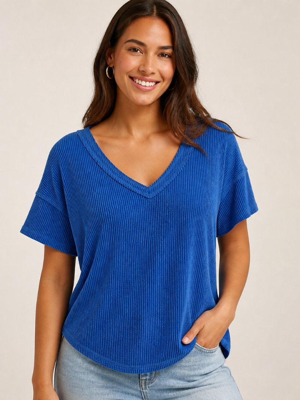 Altar'd State Ribbed Knit V-Neck Top Royal Blue Size Medium